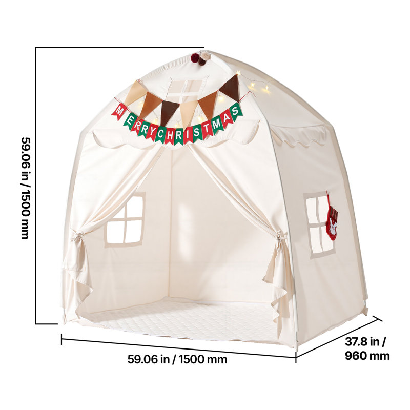 Tente de jeu pour enfants, structure en fibre de verre, matelas rembourré, beige, utilisable à l'intérieur et à l'extérieur, coin lecture/sieste, sac de transport, drapeau, fenêtre aérée, avec guirlande lumineuse étoilée.
