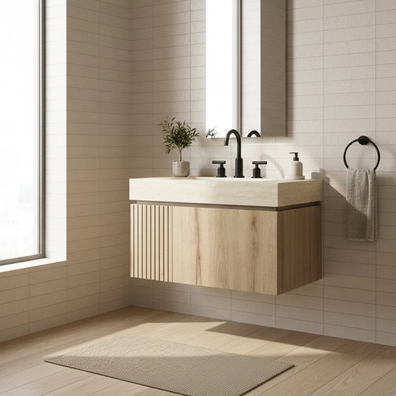 Meuble-lavabo suspendu de 76 cm (30 po) en contreplaqué cannelé avec lavabo, comptoir en pierre frittée et lavabo en céramique