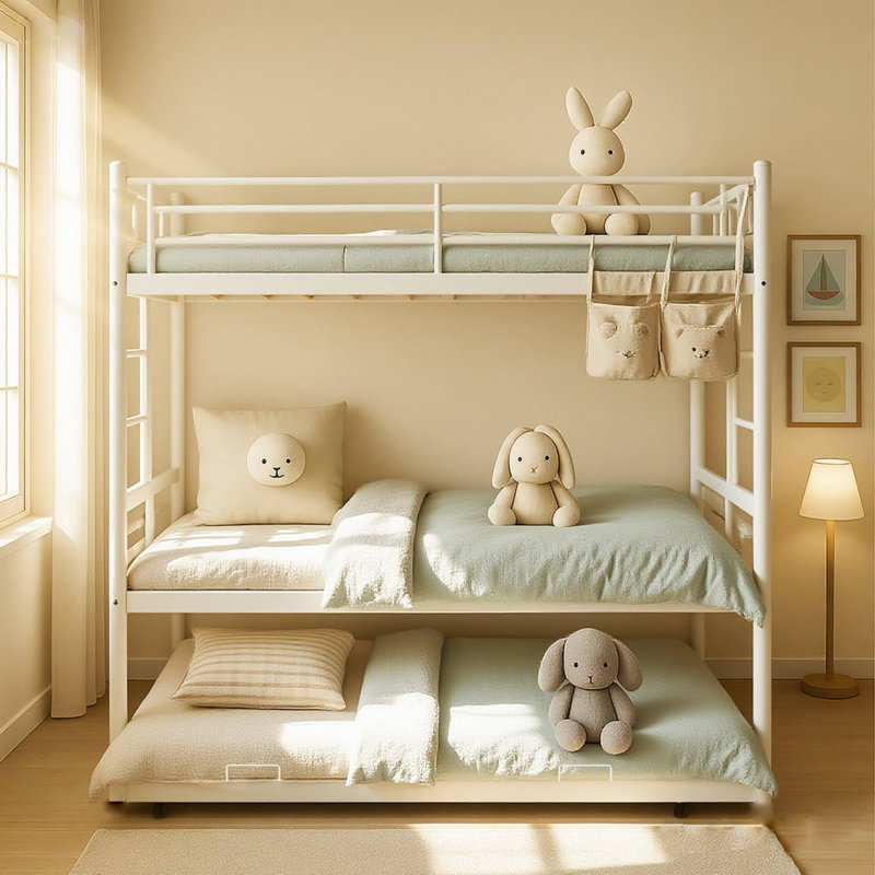 Twin Over Twin Triple Bunk Beds With Trundle, Metal Bunkbeds With Ladder And Full-length Guardrail, Noise Free, No Box Spring Needed