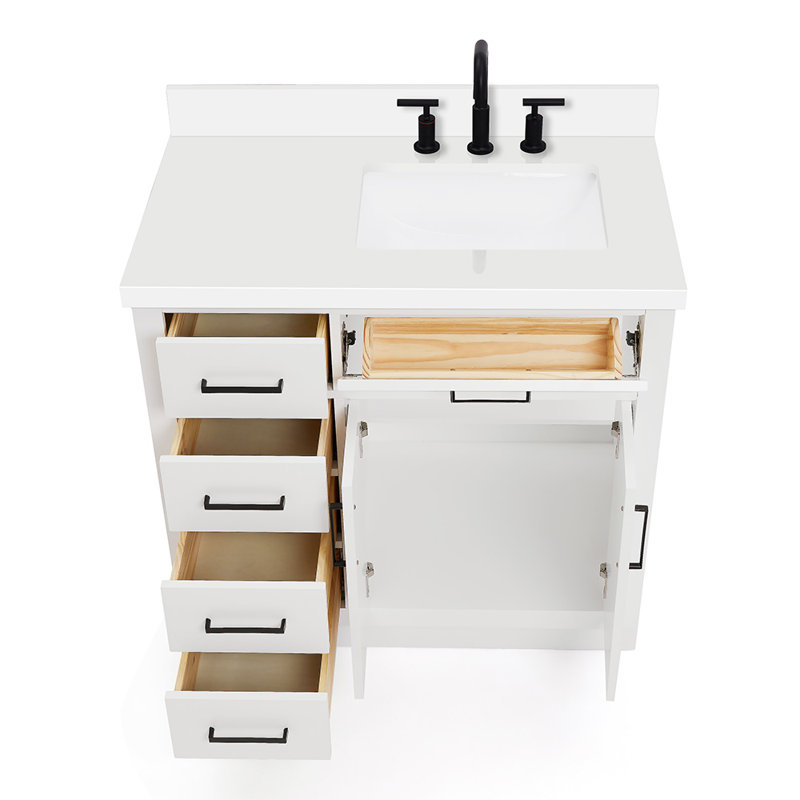 Meuble-lavabo simple en bois massif 36 po Tidworth avec plateau en quartz 1,5 po, Blanc, Oui, Forme rectangulaire