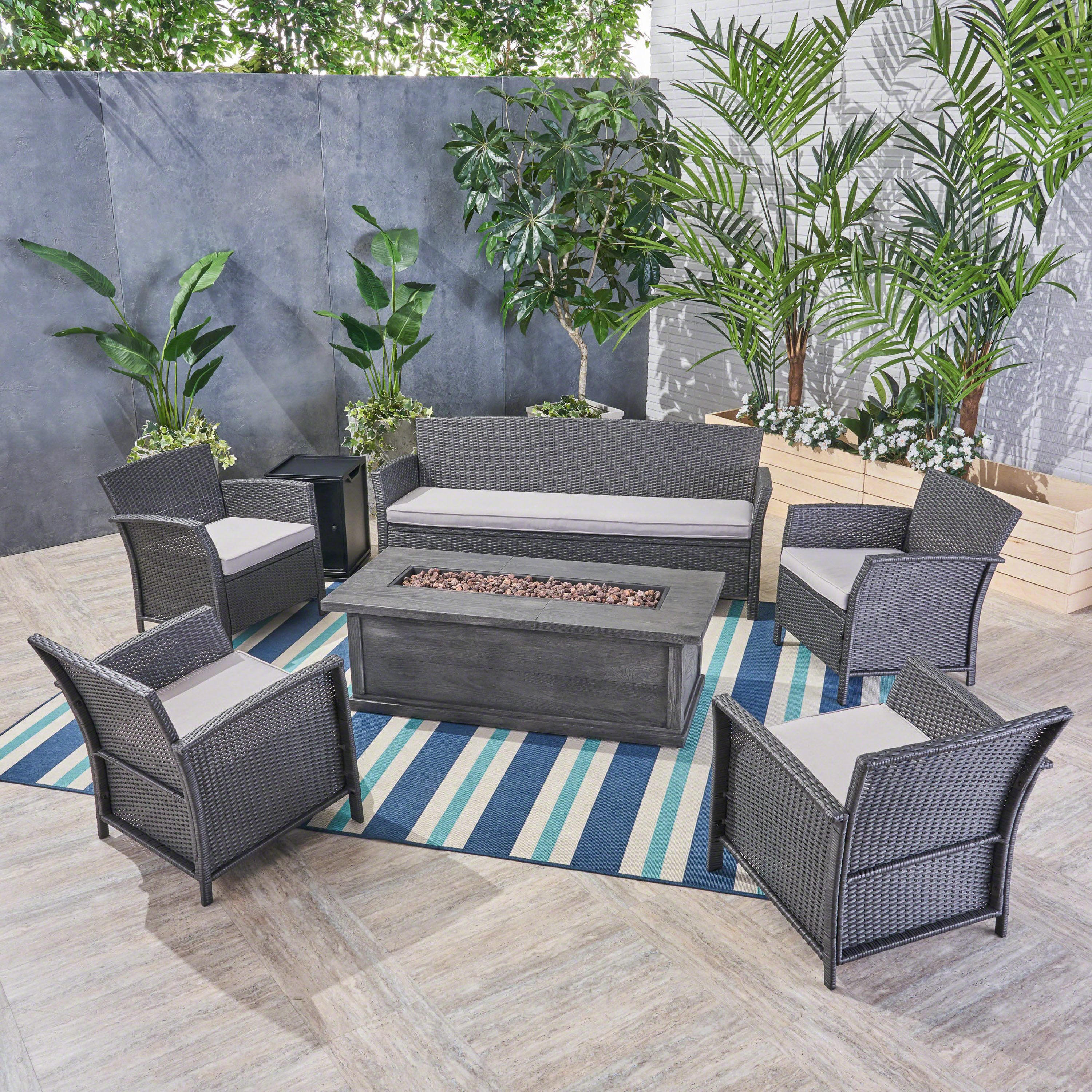 Caradog Wicker 6 - Person Patio Conversation Sets with Cushions Coffee Table and Fire Pit Latitude Run Frame Color/Cushion Color: Brown Frame/Beige C