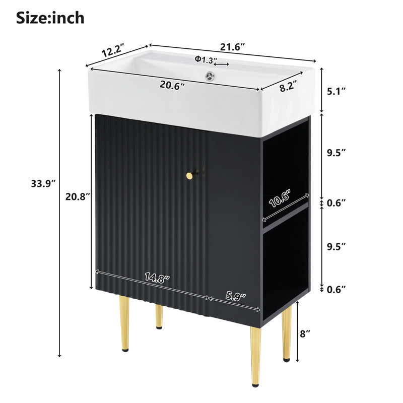 Meuble-lavabo 21,6 po avec lavabo en céramique, Noir