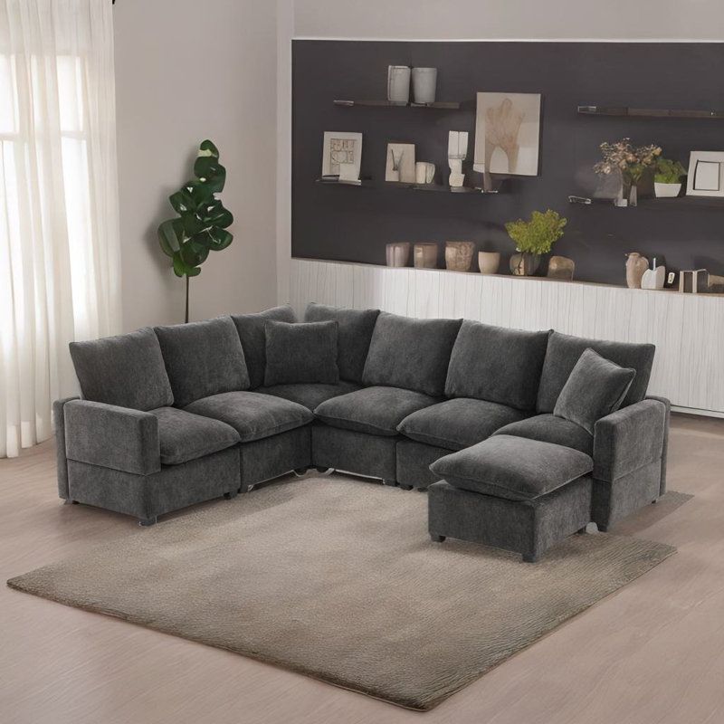110*84" Modern U Shape Modular Sofa,white, Black Chenille