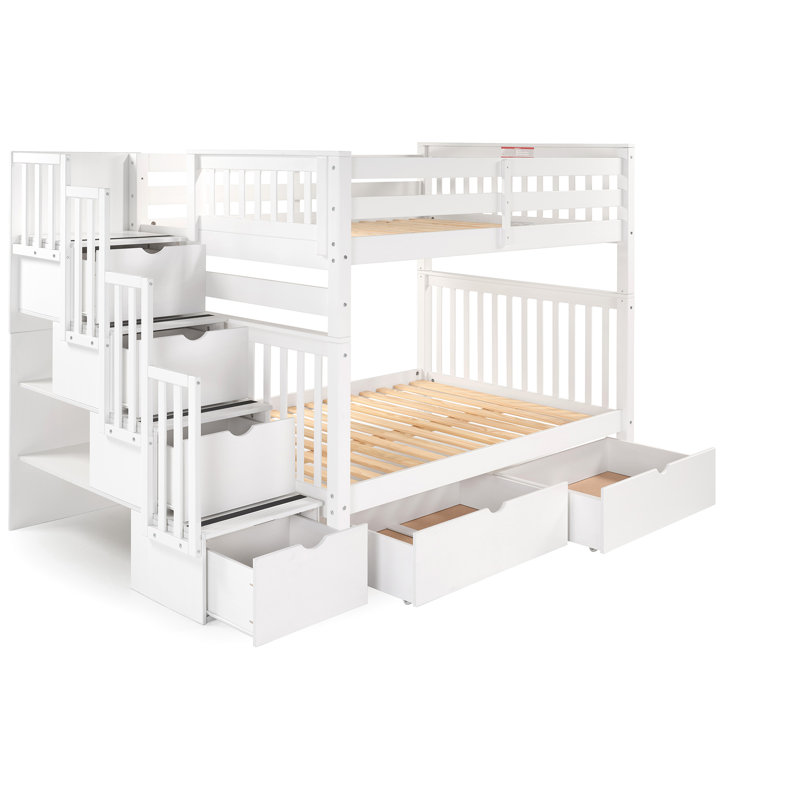 Tena Solid Wood Standard Stairway Bunk Beds Full over Full, 4 Drawers in the Steps, 2 Under-Bed Drawers, White, White