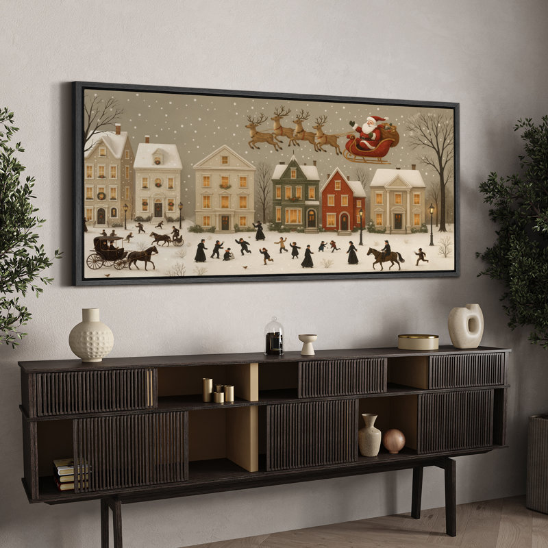 «Christmas Holiday Celebration Vintage Christmas Town Santa Scene», très grande image, reproduction d'art sur toile encadrée