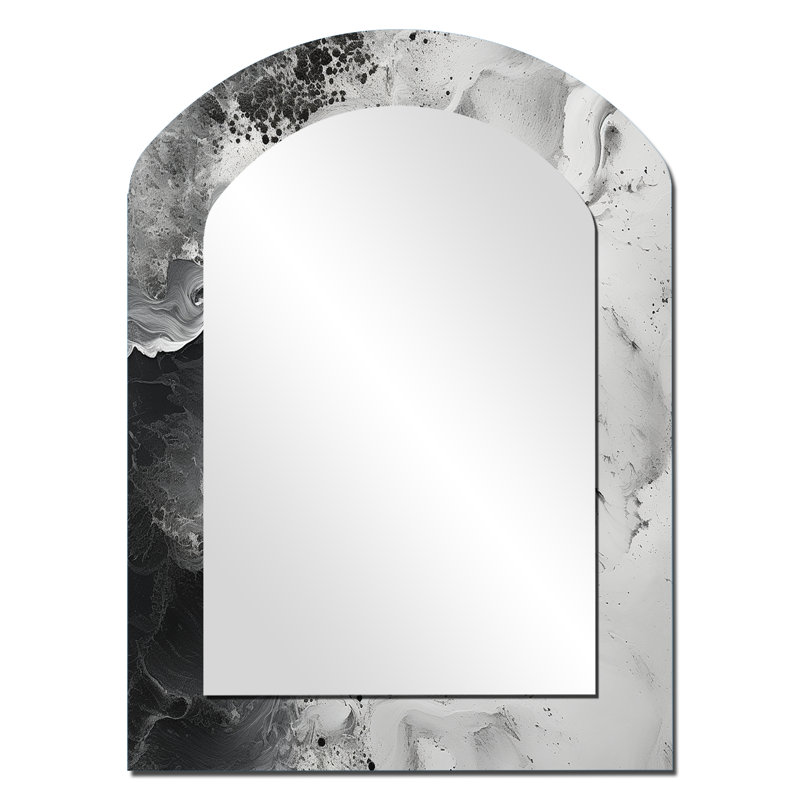 Peinture abstraite crème et noire liquide I - miroir asymétrique côtier, miroir mural décoratif arche noire, impression d'art en métal