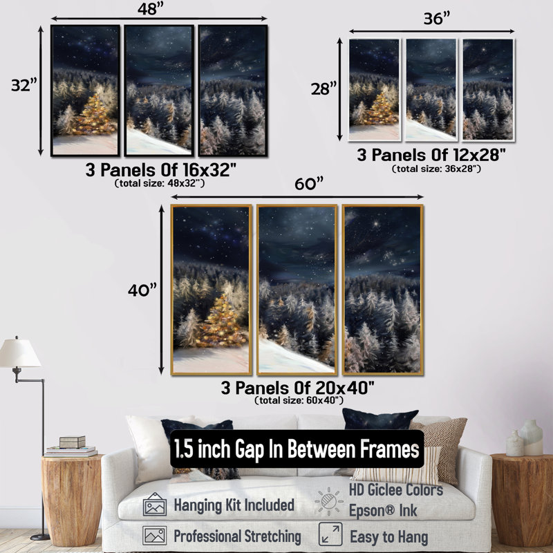 «Night Forest Christmas Tree», ensemble d'art mural sur toile encadré paysage, Argent, H 40 po x l 60 po