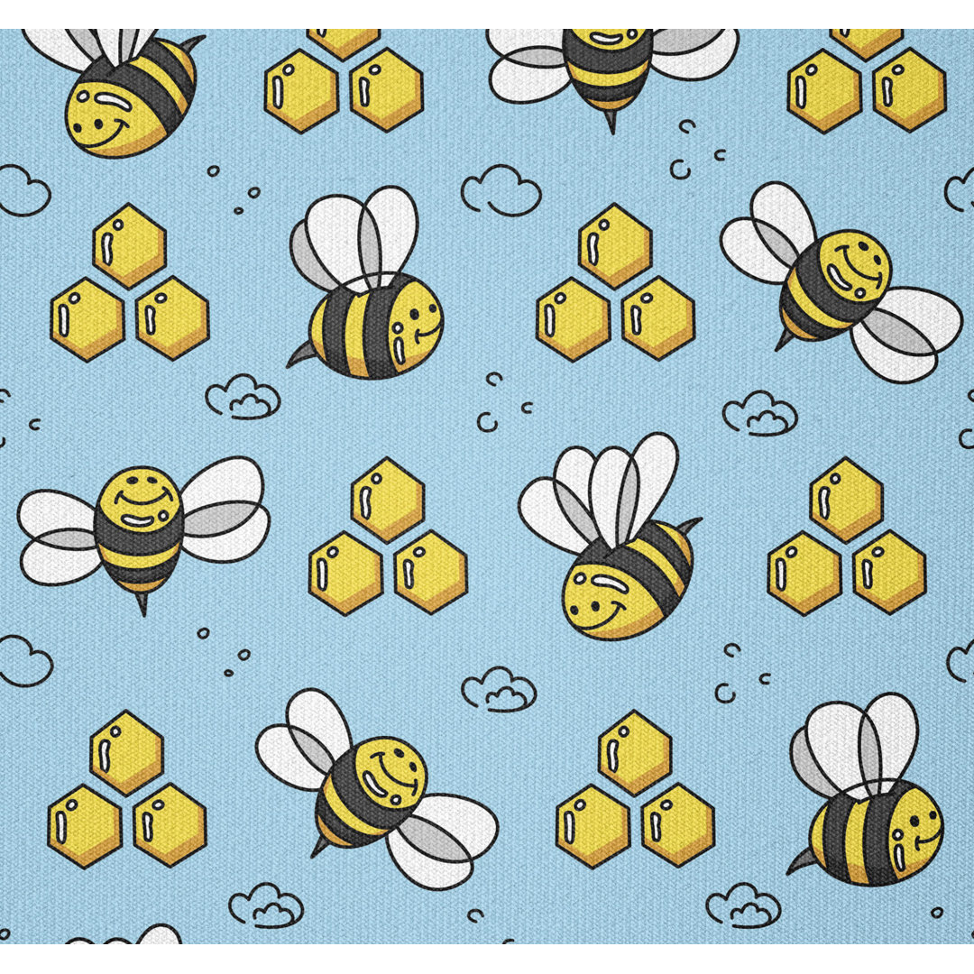 Stoff als Meterware, Cartoon-Stil Glückliche Bienen, Honey Bee, Himmelblau Senf