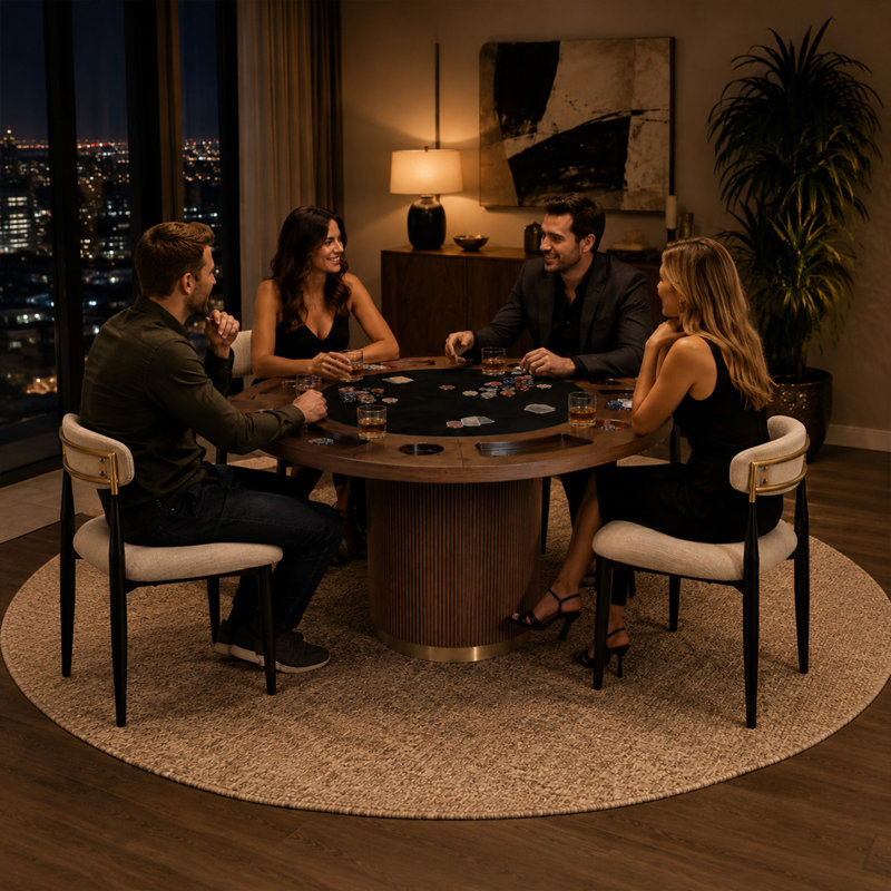 Ensemble de table de salle à manger 5 pièces de style contemporain avec 4 chaises rembourrées, table de poker ronde de 52 po avec porte-gobelets, base en roseau avec accents dorés, ensemble de jeu et de salle à manger convertible pour 4 joueurs
