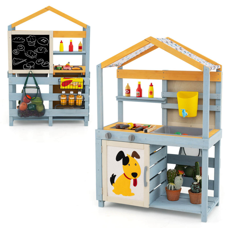 2 In 1 Wooden Mud Kitchen Outdoor Play Kitchen & Grocery Store With Sink