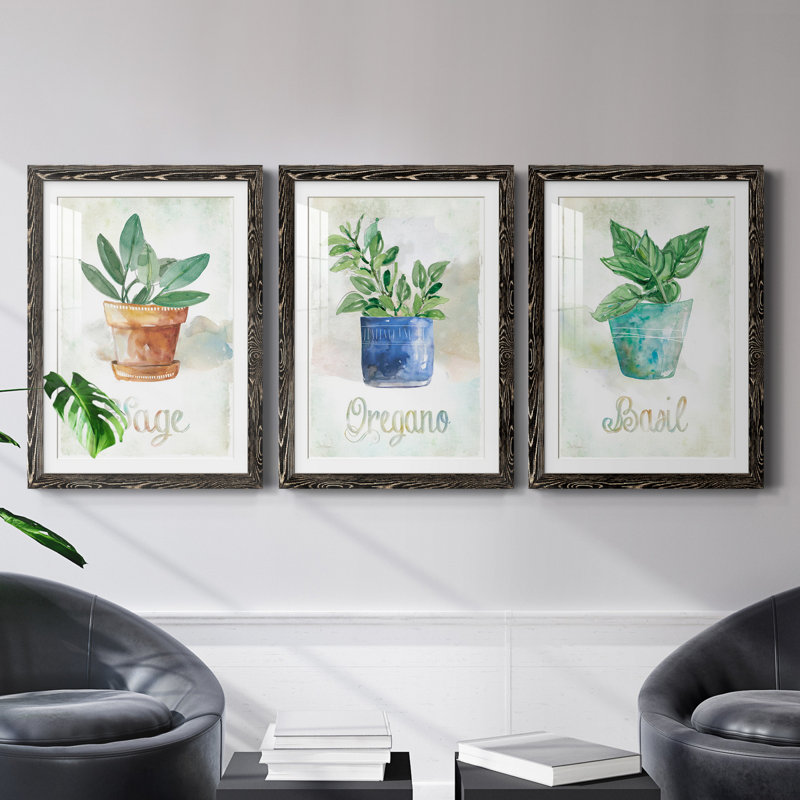 Basilic en pot - ensemble de 3 cadres photo, H 24 po x l 54 po x P 1,5 po, Noir