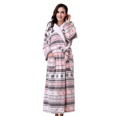 Alwyn Home Longue robe à capuchon pour femme en peluche douce et chaude en molleton élégant à col-rond de style peignoir, robe de chambre pour femme, flocon de neige rose