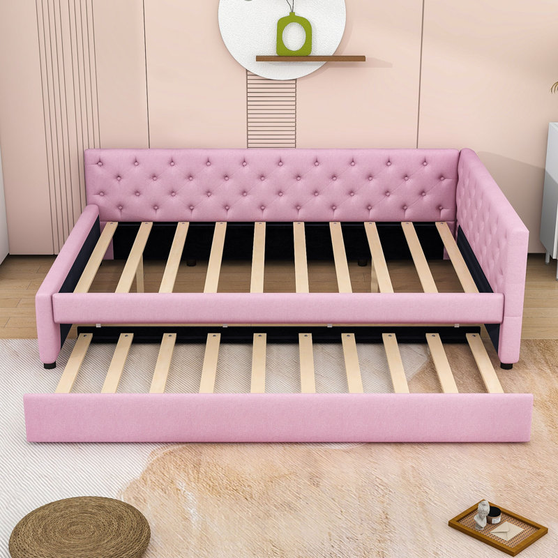 Lit de jour rembourré capitonné double TG avec lit gigogne simple TG, Rose