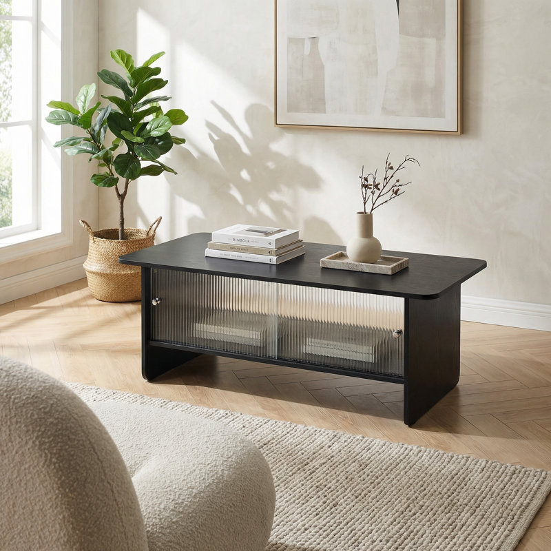 Table basse moderne et minimaliste avec porte coulissante en verre pour le salon, la chambre à coucher ou le bureau, assemblage facile, finition noire