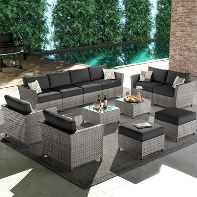 Cassville 8 - Person Patio Furniture Set, Outdoor Wicker Rattan Sectional Seating Group with Cushions, All Weather Sofa Conversation Set Table for Gar by OVIOS