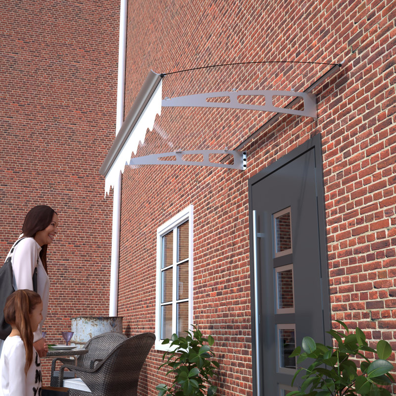 Door Window Awning Made Of  0.137 Inch Thick Crystal Solid Polycarbonate Sheet And Aluminum Alloy With Valance, Silver/Clear