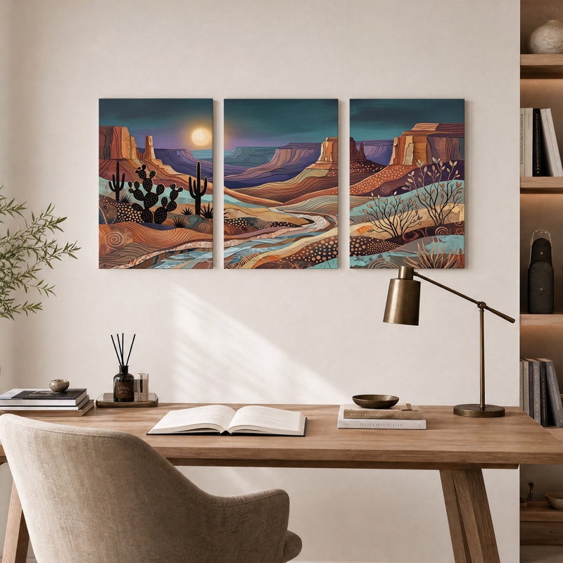 Ensemble de 3 toiles murales représentant un canyon désertique stylisé avec des cactus, 18"H x 12"W x 3pcs