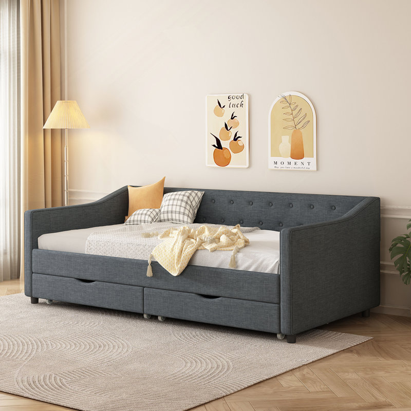 Twin Size Daybed with Drawers Upholstered Tufted Sofa Bed, with Button on Back and Piping on Waved Shape Arms-Dark Grey, Twin
