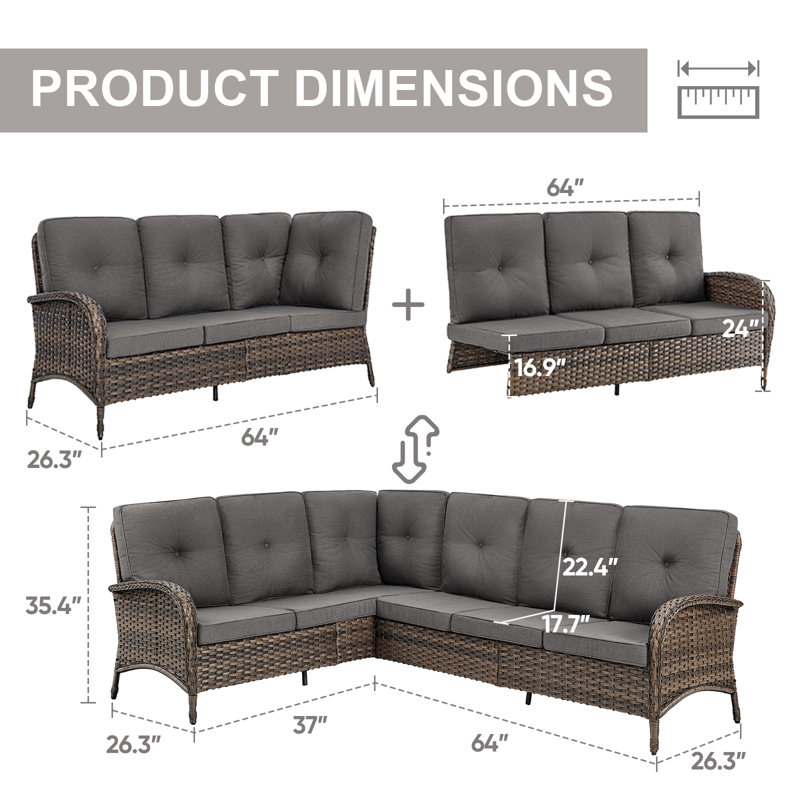 Gaetanino 90.3'' Wicker Outdoor Wicker Rattan Patio Sectional With Cushions, Gray