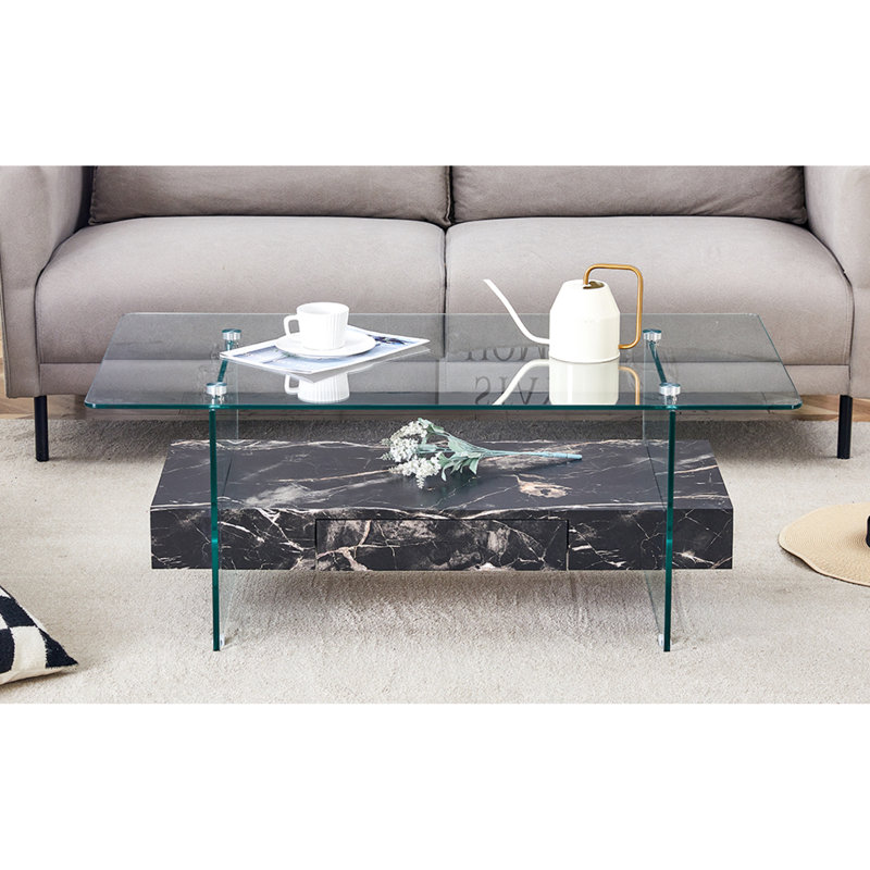 "Table basse en verre à deux niveaux avec tiroir de rangement, motif moderne en marbre noir pour le salon