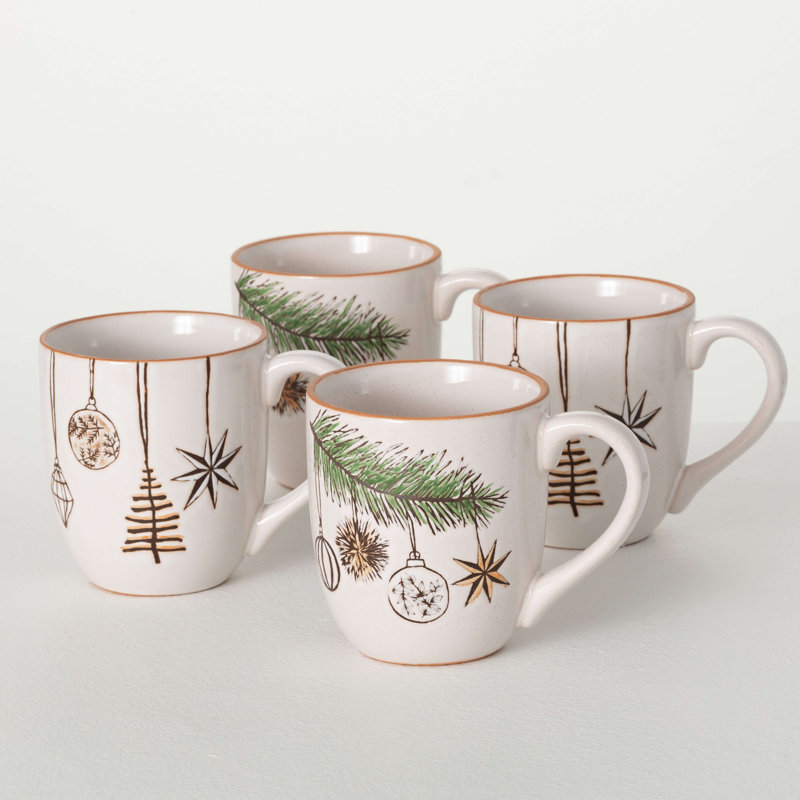 6.5" Christmas Modern White Cozy Mug Set of 4, Multicolor
