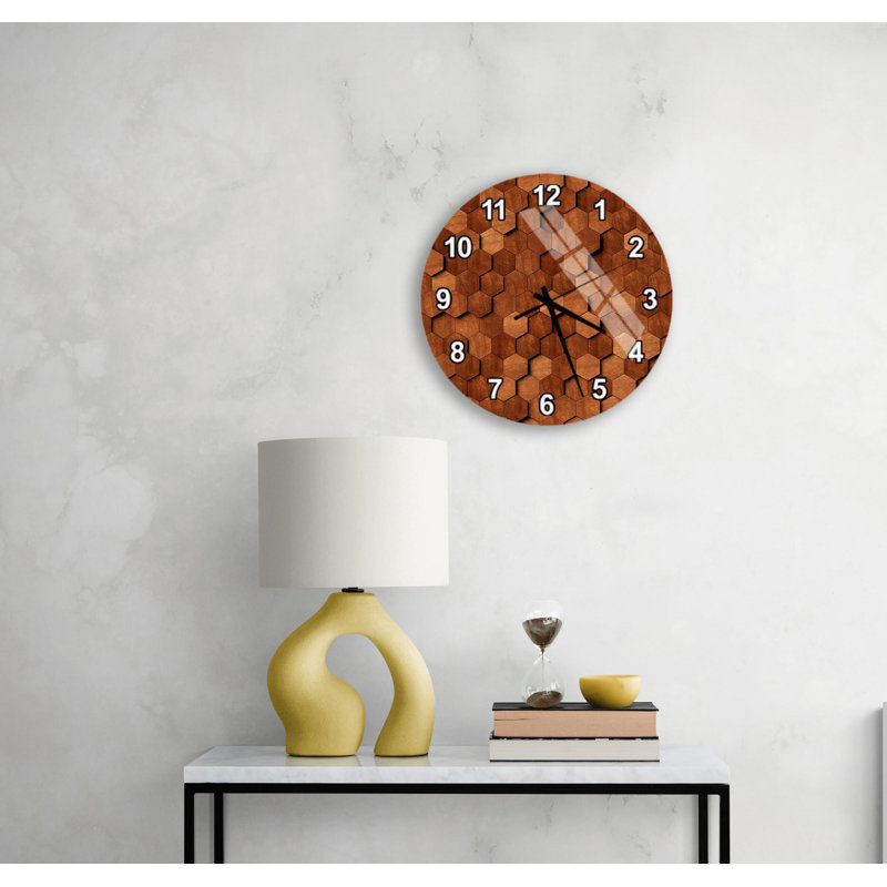 Horloge murale géométrique nid d'abeille - illusion de motif en bois 3D - décor rustique brun moderne pour le salon, cadeau d'art abstrait hexagonal