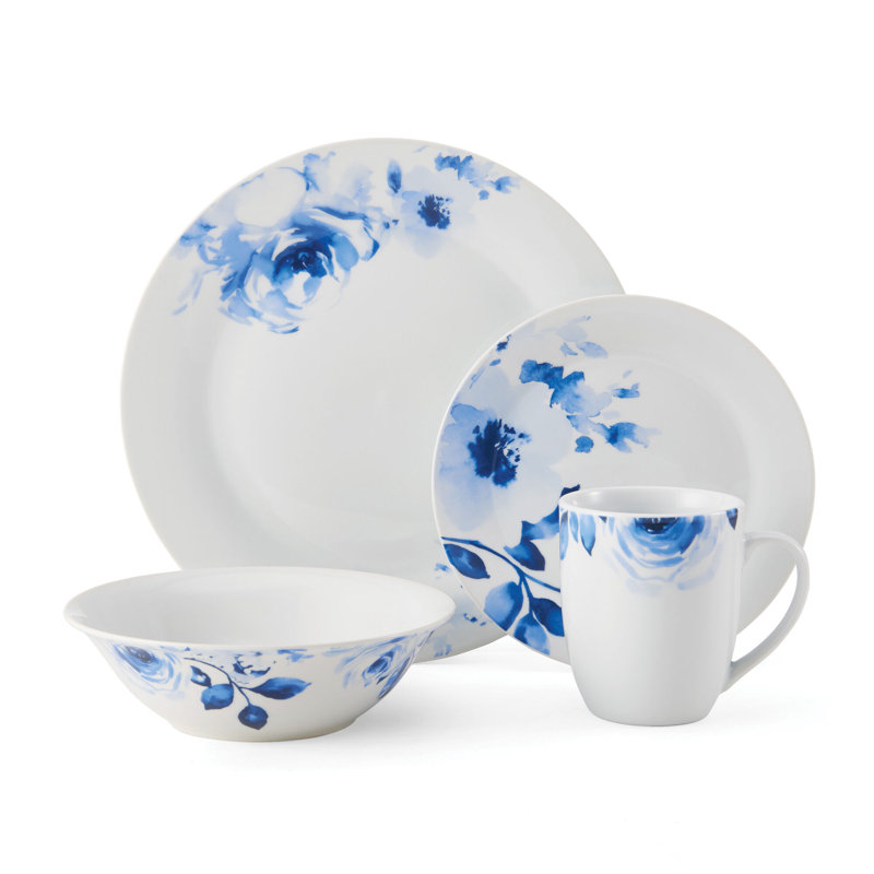 White and Blue Floral Porcelain Dinnerware Set, Service for 8