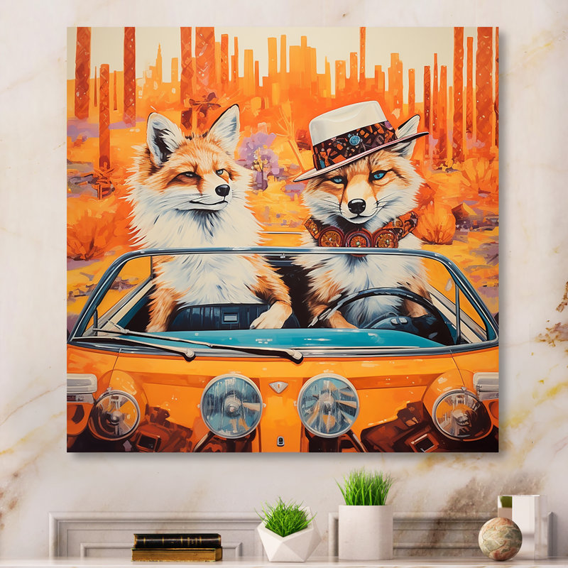 «Foxs aventureux au volant I», art mural animal, Toile tendue, H 36 po x l 36 po x P 1,5 po