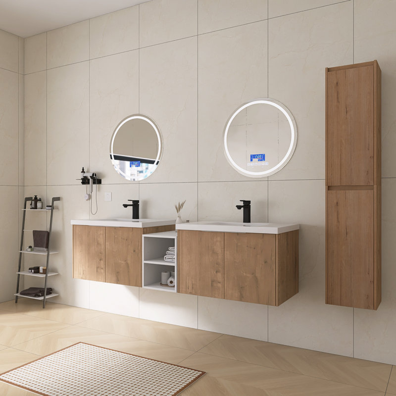 Ensemble de meuble-lavabo double 72 po avec lavabo en résine, petite tablette de rangement et armoires murales, 72"