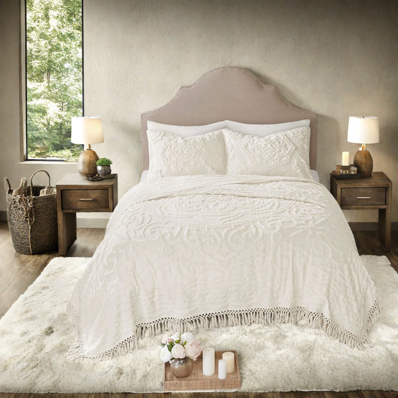 Ensembles de literie à franges en chenille de coton séduisants, blanc cassé, style Shabby Chic
