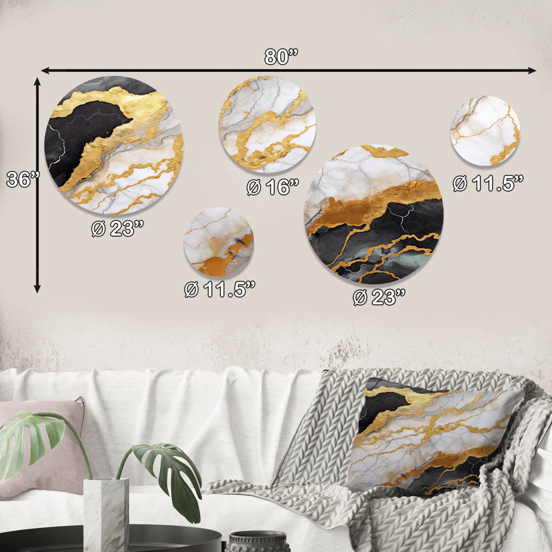 Or et gris abstrait marbre Mirage I - ensemble d'art mural rond en marbre de 5