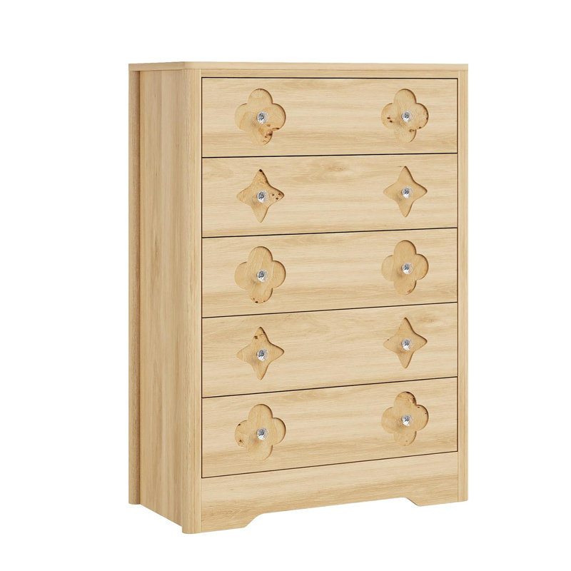 Commode 5 tiroirs cannelée en bois moderne, hauteur de 42,9 po, armoire en bois robuste pour chambre d'enfant, Beige