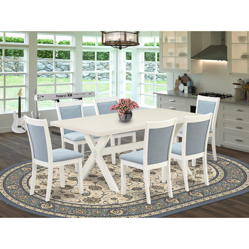 Ensemble de table de cuisine - une table de salle à manger en bois et des chaises Parson - Lin brossé blanc, 7, Bleu pastel