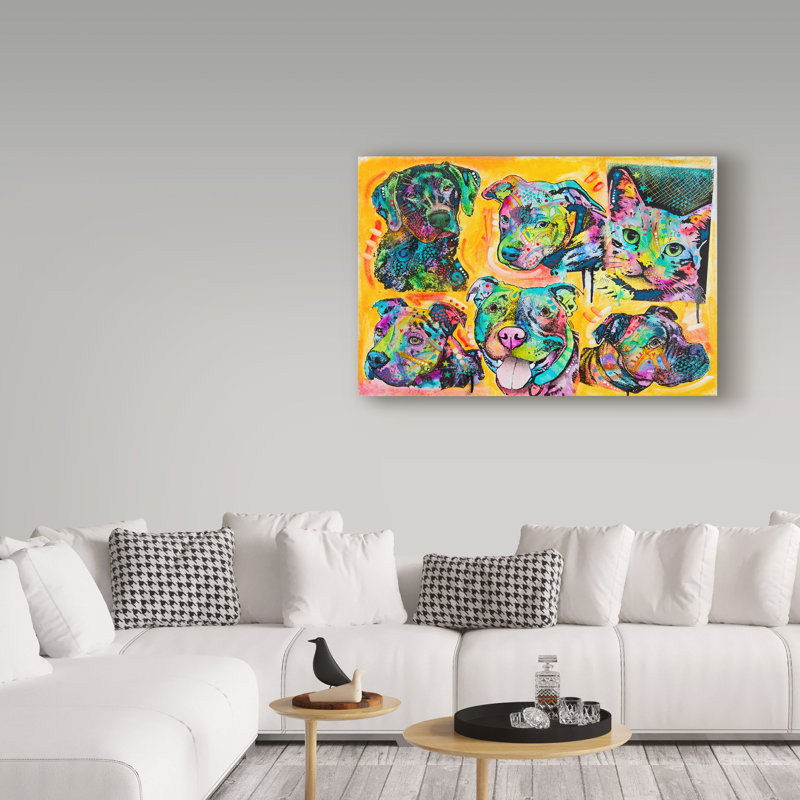 « 5 chiens et une cat », reproduction d’impression sur toile tendue, H 22 po x l 32 po x P 2 po