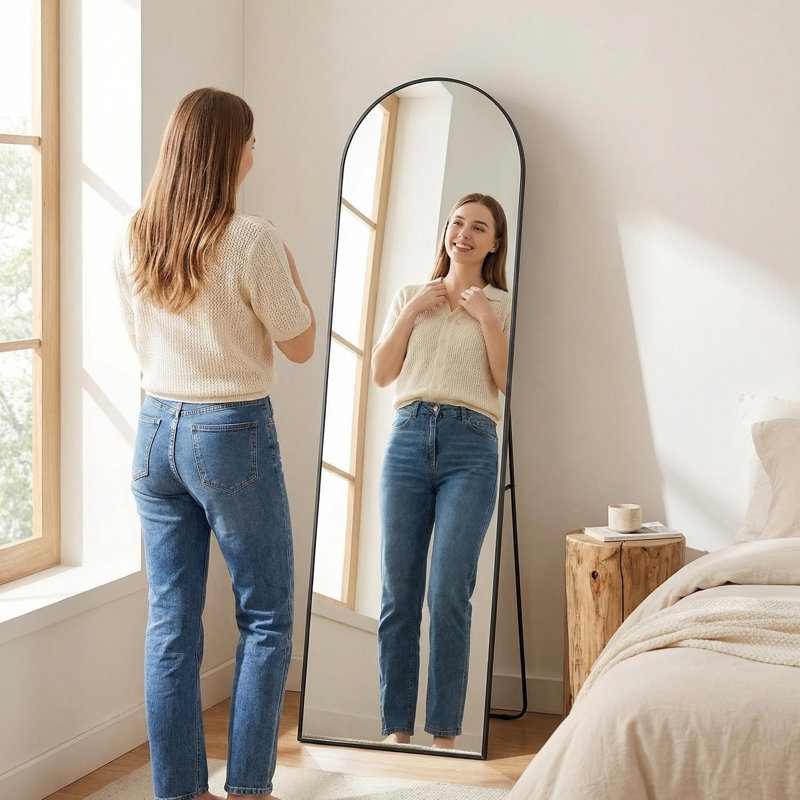 64" x 21" Aluminum Alloy Full Length Mirror, Rectangle Wall or Floor Standing Mirror with Stand, 64" x 21", Black, Arch