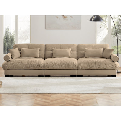 Extra Large  3 Seat Modern Velvet Sofa, Oversize Sofa, Clould Like Comfortable Seat And Back Support, With Waist Pillows And Throw Pillows, Camel