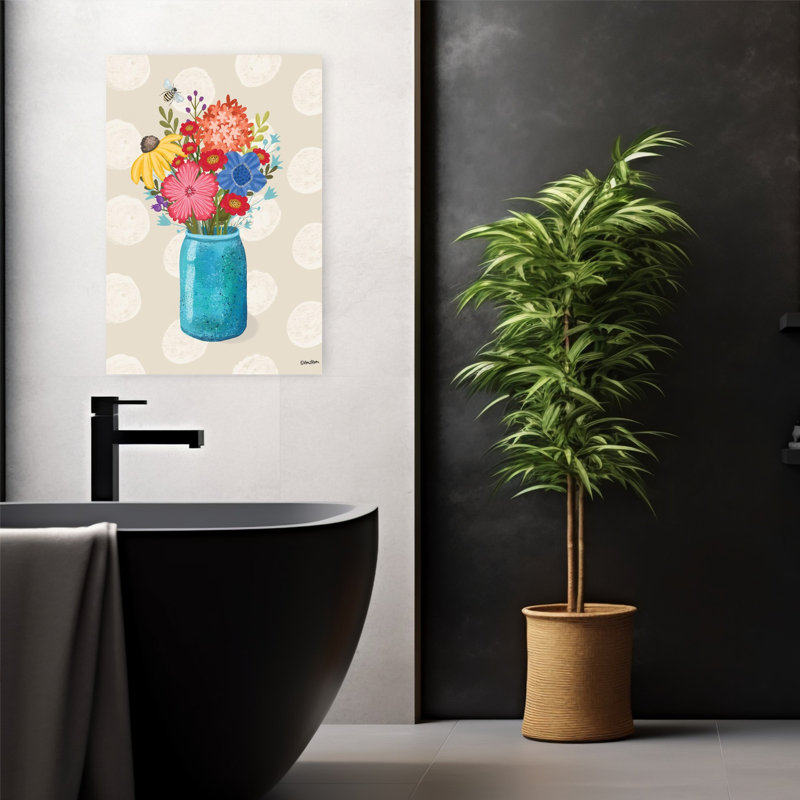 Art arc-en-ciel abstrait dans un vase bleu, paysage contemporain, H 24 po x l 16 po
