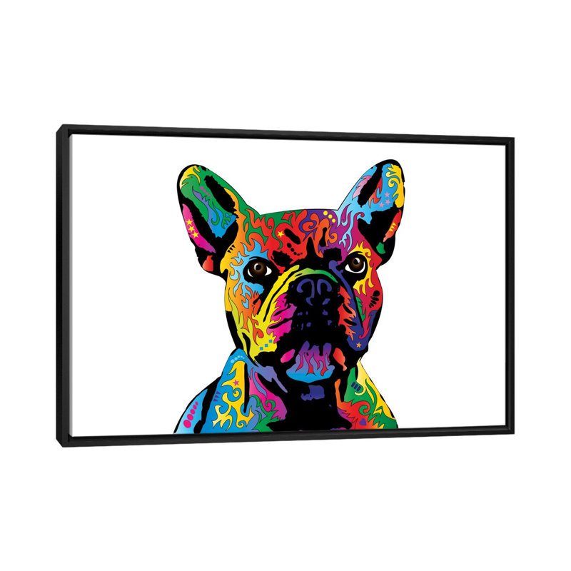 Bouledogue français ciel, impression sur toile tendue, H 18 po x l 26 po x P 1,5 po, Toile avec cadre noir, Pas de tapis