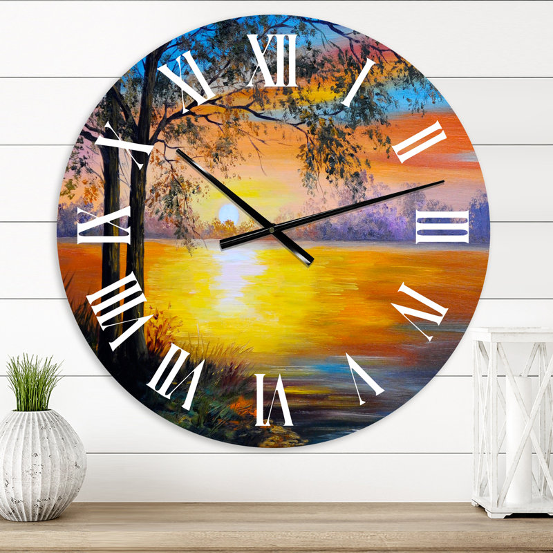 Arbre du soir près du lac - Horloge murale traditionnelle, Surdimensionné
