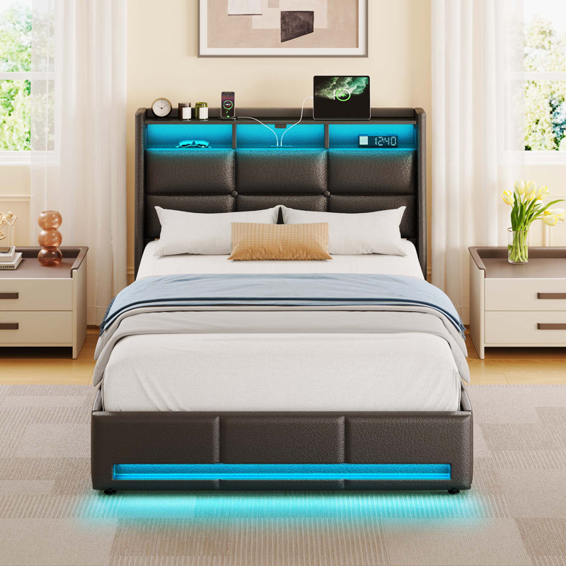 Upholstered Platform Bed Frame with Wingback Headboard, LED Lights & 4 Storage Drawers, Black, Twin/Single, With Drawers