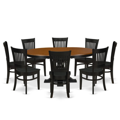 9-Piece Dining Room Table Set consists of a Breakfast Table with a cherry round tabletop and 8 Wooden Modern Chairs with Slatted Back, Black