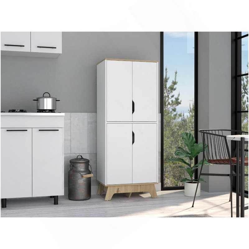 Double garde-manger Wallas, double porte, quatre pieds, quatre tablettes, finition chêne clair / blanc