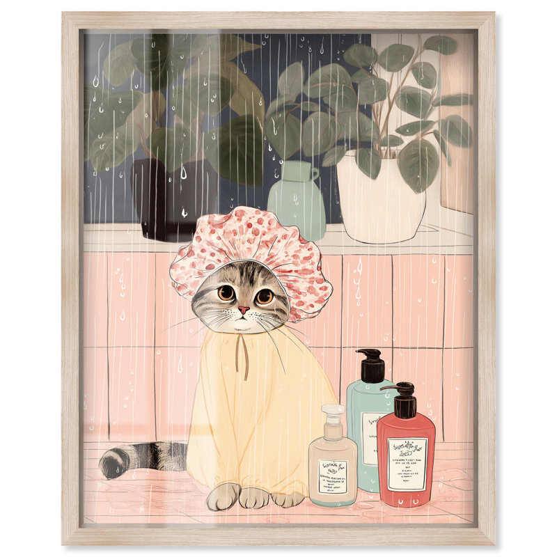 Douche, chat, animaux de compagnie, reproduction d'art par Shadowbox, Crème, H 21 po x l 17 po
