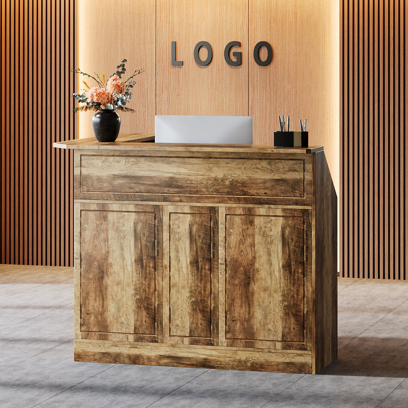 L-Shaped Manufactured Wood Reception Desk with Counter, Modern Retail Counter for Shop, Rustic Brown