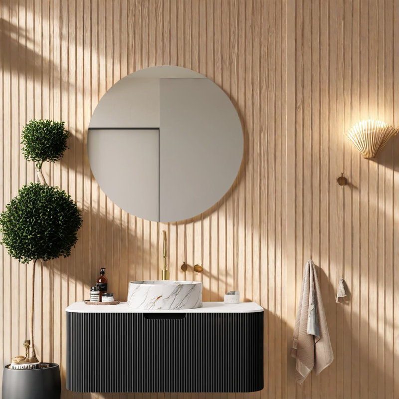 Meuble-lavabo moderne avec rangement, cuve en céramique blanche réglable et armoire noire