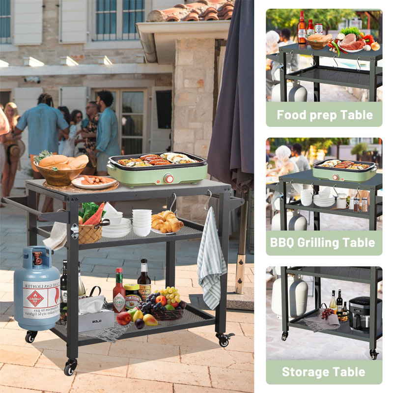 3-Shelf Black Metal Outdoor Grill Cart with Wheels and Tool Storage