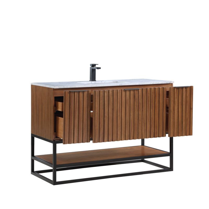 Terra 48'' Single Bathroom Vanity with Top, Carrara Marble/Single Faucet Mount, Walnut, Matte Black