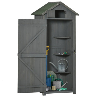 179cm Tall Grey Wooden Garden Storage Shed, Solid Fir Tool Cabinet with Lockable Single Door, 3 Shelves & Opening Top Window, Asphalt Roof