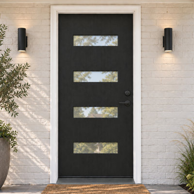36"x 80"Black Fiberglass Front Entry Door, Woodgrain Texture, 4-Lite Frosted Low-E Glass,, Knock-Down Door Kit, Left-Hand Inswing