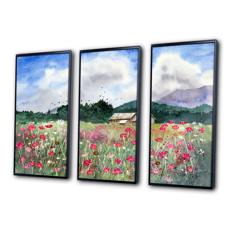 Paysage avec un champ de fleurs blanches et roses - 3 pièces, peinture sur toile, H 28 po x l 36 po, Noir